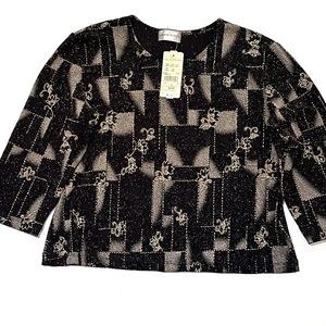 Laura Petites 3/4 Length Sleeve Top Black with Gold Sparkle Flowers Size Large